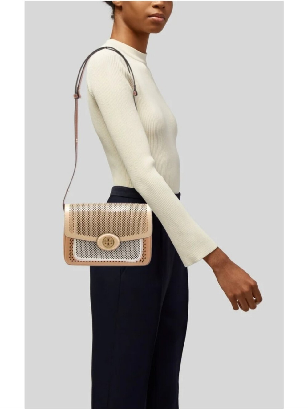 Tory Burch Robinson Laser Cut Leather Convertible Shoulder Bag Colorblock